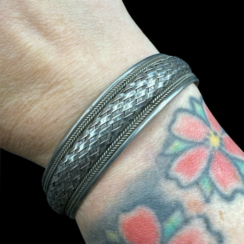 Vintage Basketweave Braided Cuff Bracelet Sterling Silver Size 6 3/4" By FAS